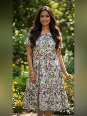 Multicolor Floral Fit-and-Flare Midi Dress